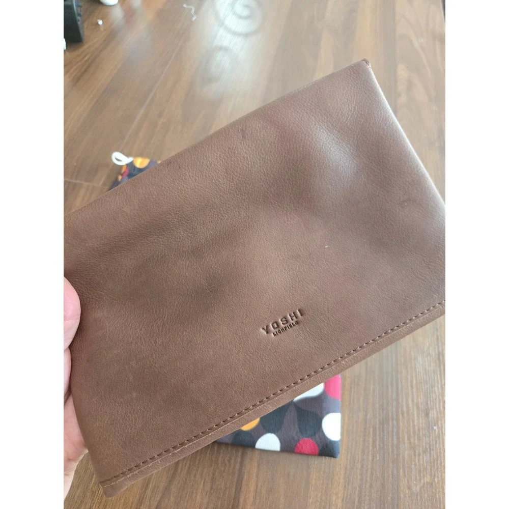 Yoshi Lichfield Tan Brown Leather Slim Clutch Bag with Floral Dust Bag Accessory